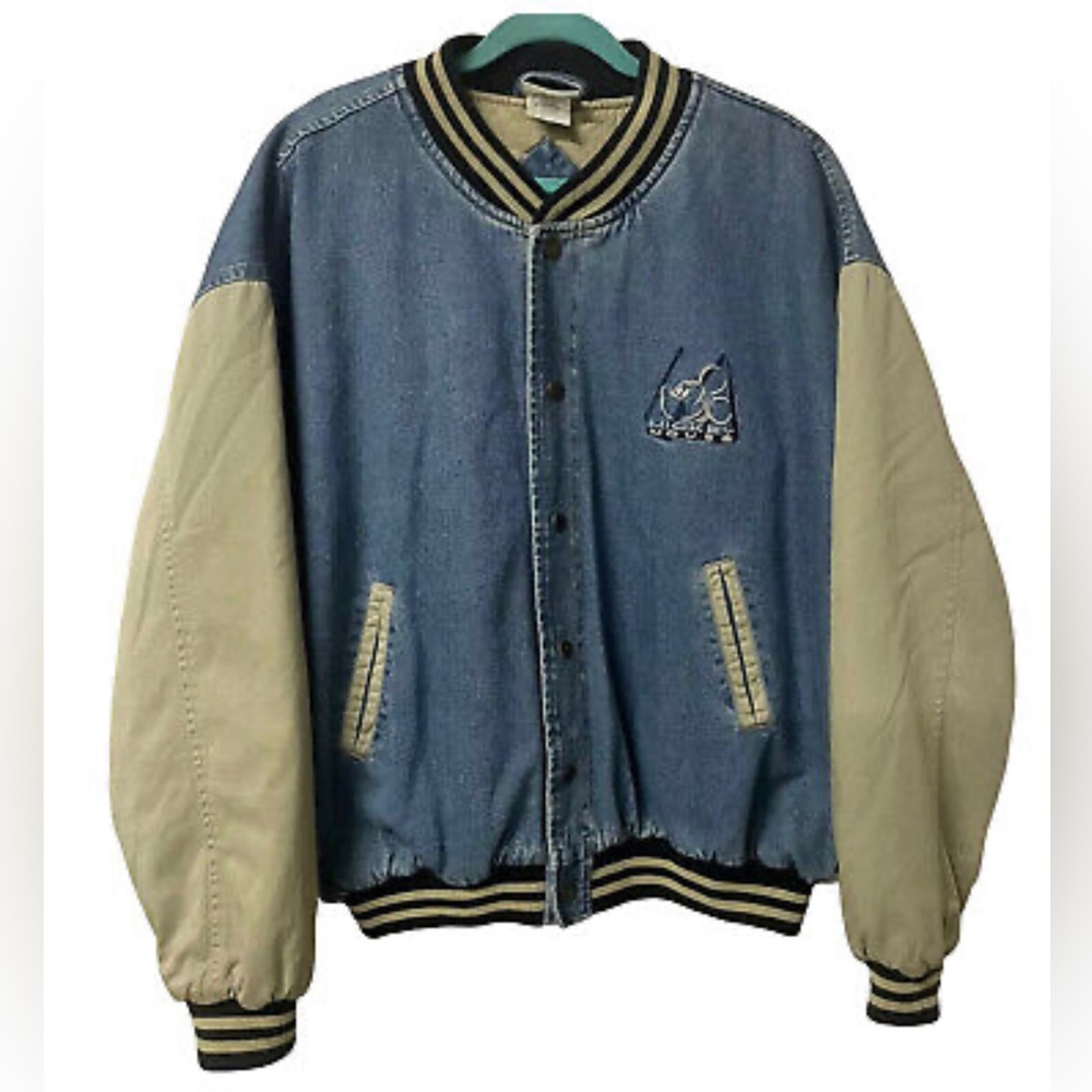 Walt Disney World Vintage Micky Mouse Varsity Denim Bomber Jacket 90s Rare